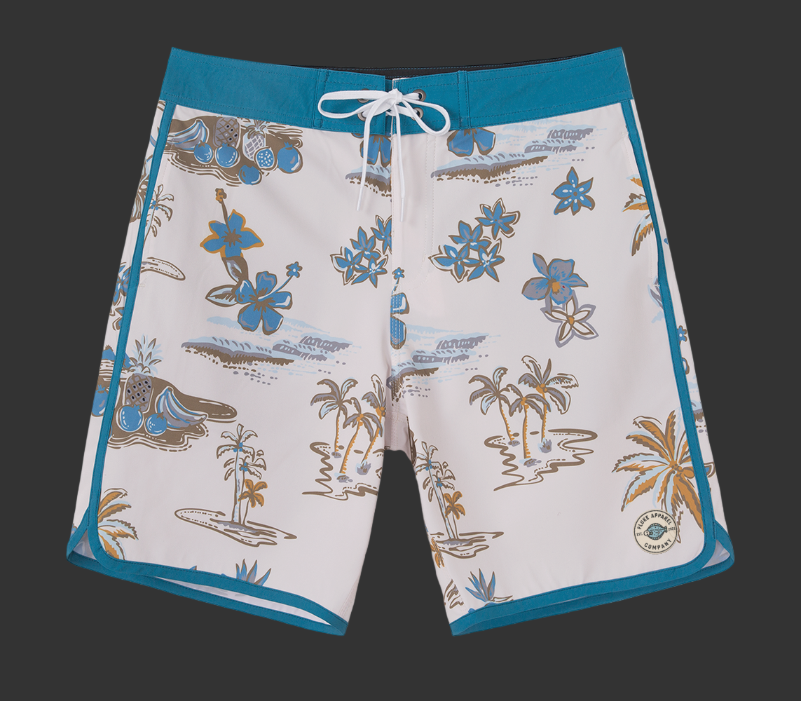 Beach-themed shorts with palm trees and flowers on a gray background