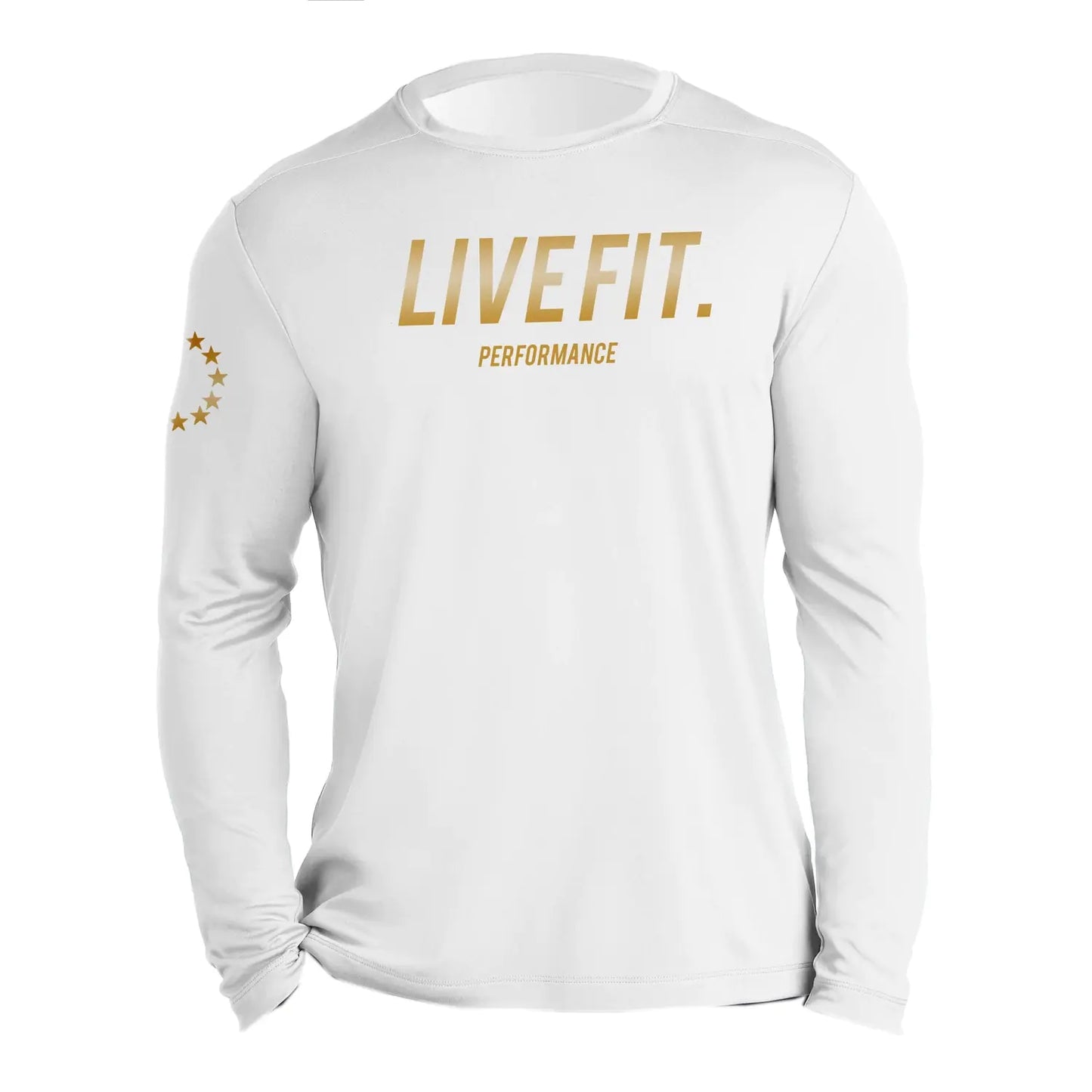White long-sleeve shirt with 'LIVEFIT' logo on a white background