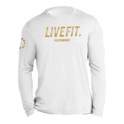 White long-sleeve shirt with 'LIVEFIT' logo on a white background