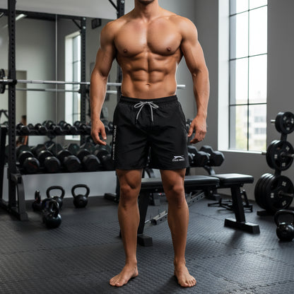 Black shorts with 'Fitness Muscle' branding on a white background