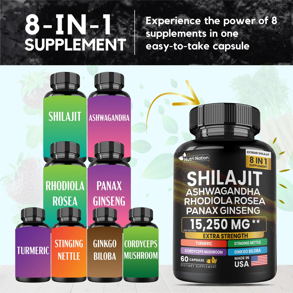 Shilajit Ashwagandha Rhodiola Rosea Panax Ginseng 15,220Mg 8 in 1 (60 Capsules)