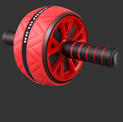 Red and black ab roller with a free kneeling pad on a gray background