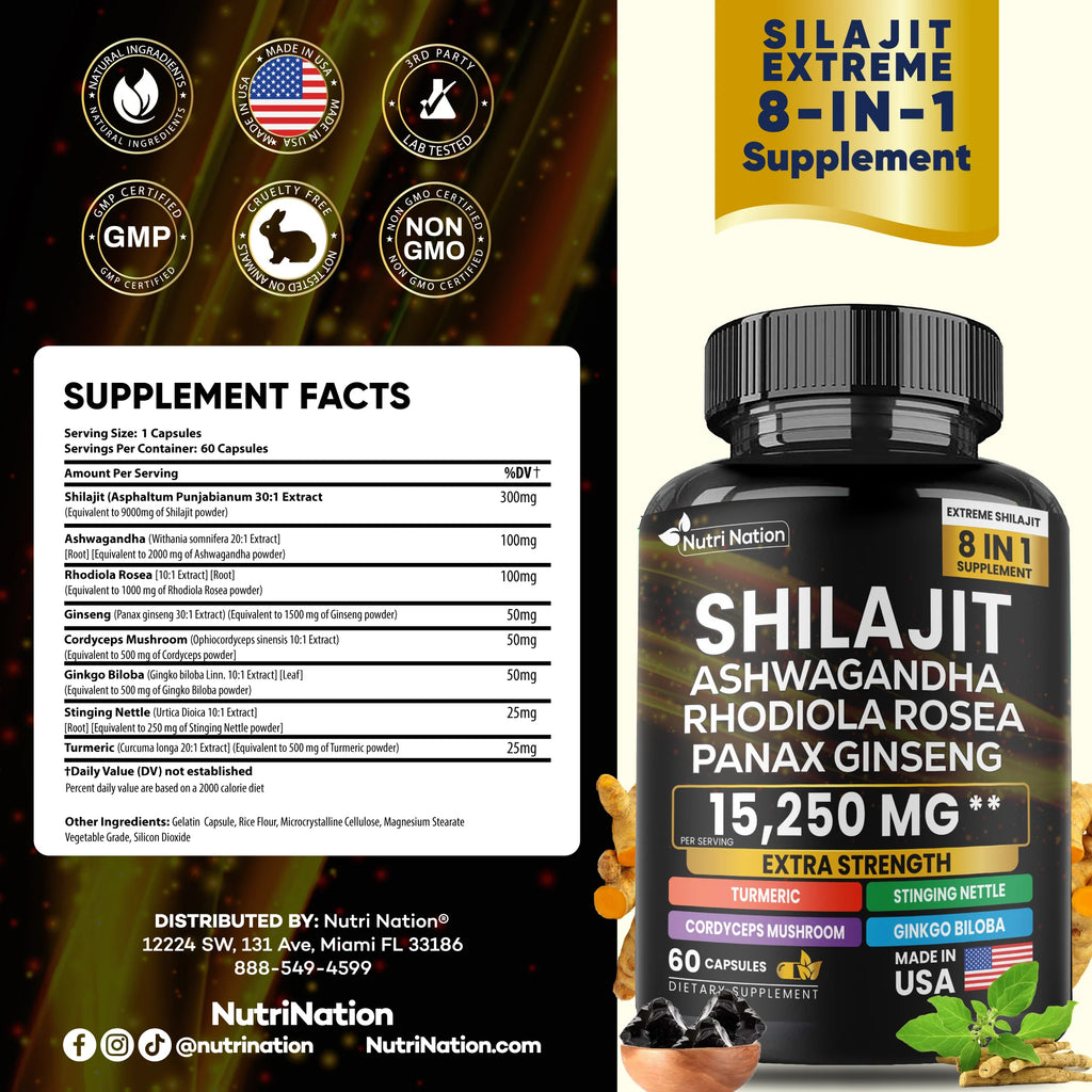 Shilajit Ashwagandha Rhodiola Rosea Panax Ginseng 15,220Mg 8 in 1 (60 Capsules)
