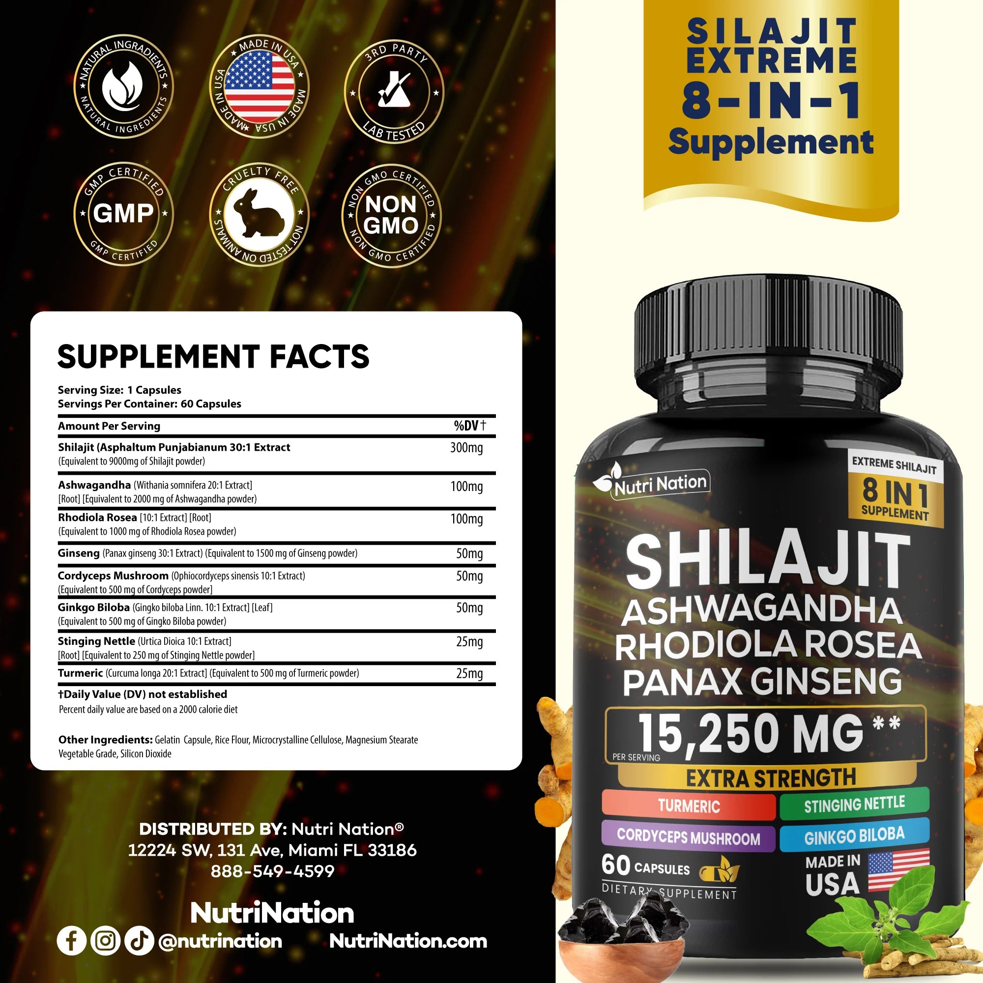 Shilajit Ashwagandha Rhodiola Rosea Panax Ginseng 15,220Mg 8 in 1 (60 Capsules)