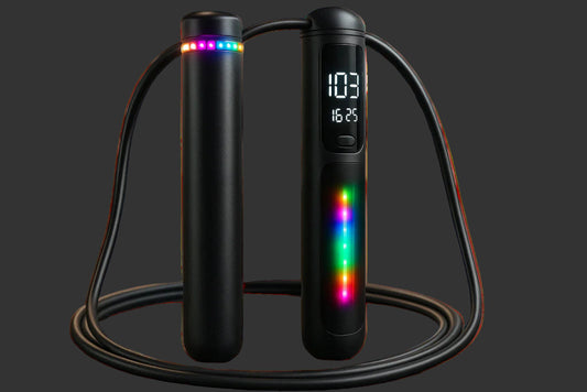 Digital jump rope with colorful LED lights on a yellow background