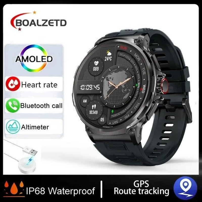 Black smartwatch with features listed on a white background, including Boalzetd branding.